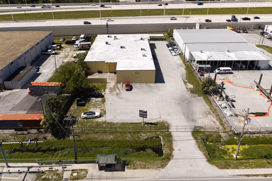 Aerial front view of the building facade